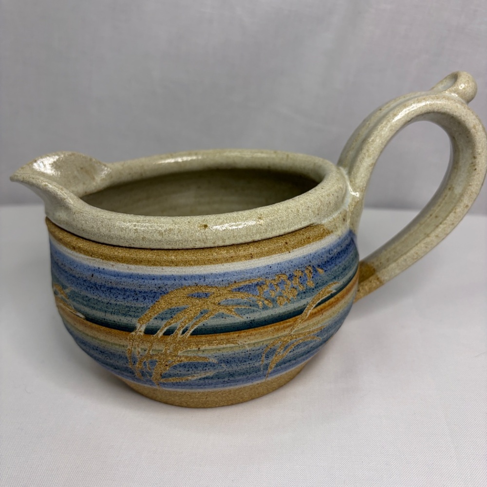 Studio Pottery Gravy Boat Pitcher Creamer Vase Etched Stoneware Vintage Signed - Picture 9 of 12